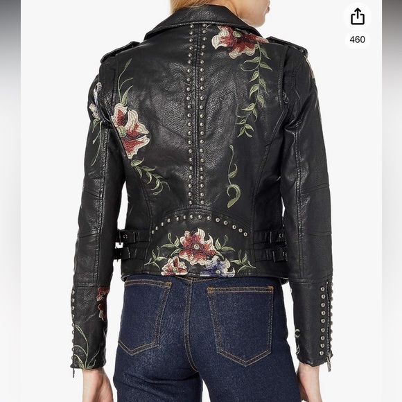 BLANK NYC BLACK VEGAN LEATHER “AS YOU WISH” MOTO JACKET WITH FLORAL EMBROIDERY - Picture 2 of 12